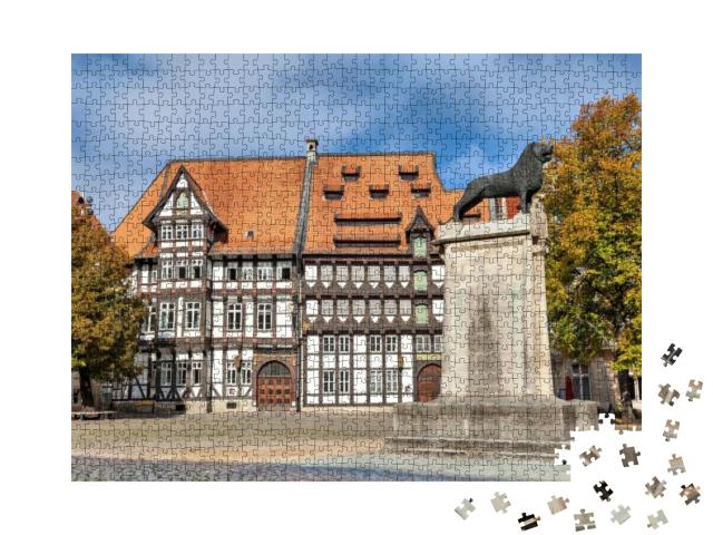 Old Half-Timbered Building & Statue of Leon on Burgplatz... Jigsaw Puzzle with 1000 pieces