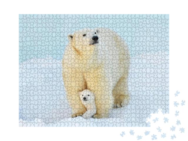 A Polar Bear with a Small Bear Cub in the Snow... Jigsaw Puzzle with 1000 pieces
