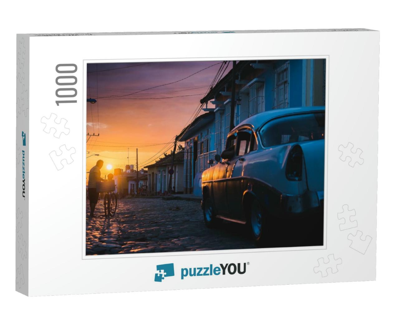 Cuban Street Sunset with Old-Timer in Trinidad, Cuba... Jigsaw Puzzle with 1000 pieces
