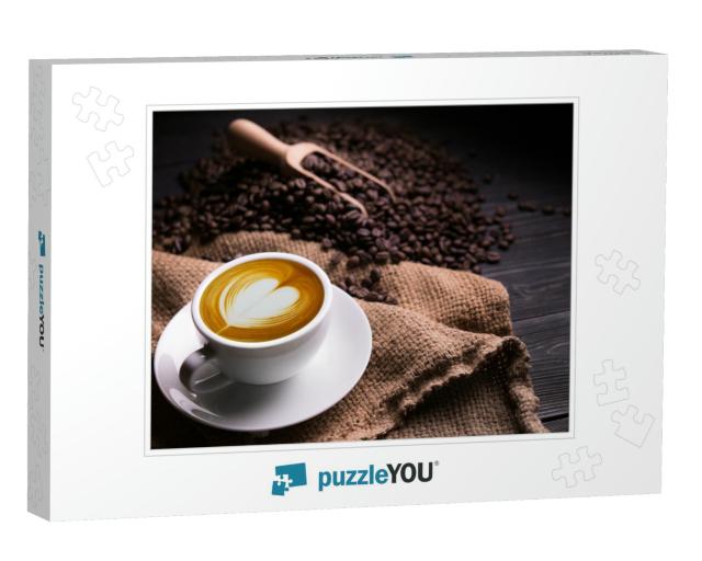 Cup of Coffee Latte with Heart Shape & Coffee Beans on Ol... Jigsaw Puzzle