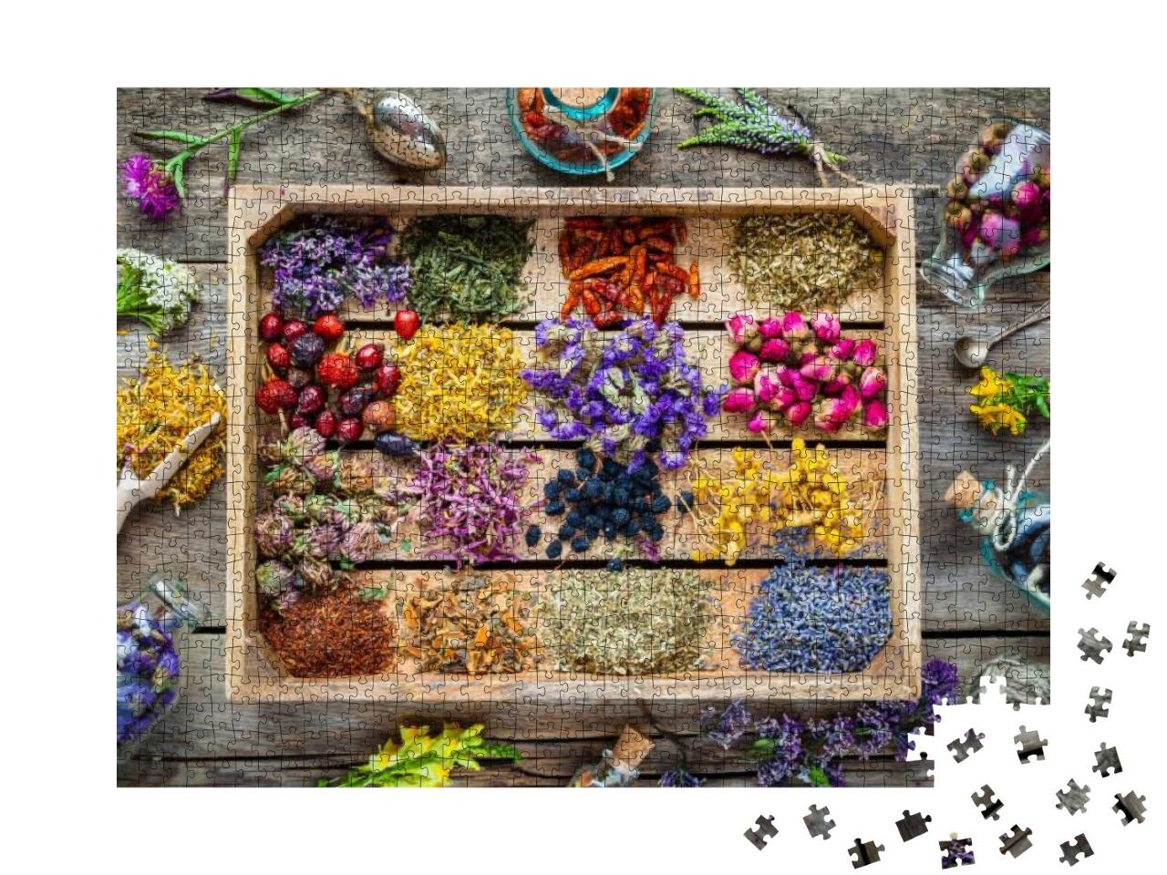 Healing Herbs in Wooden Box on Table, Herbal Medicine, To... Jigsaw Puzzle with 1000 pieces