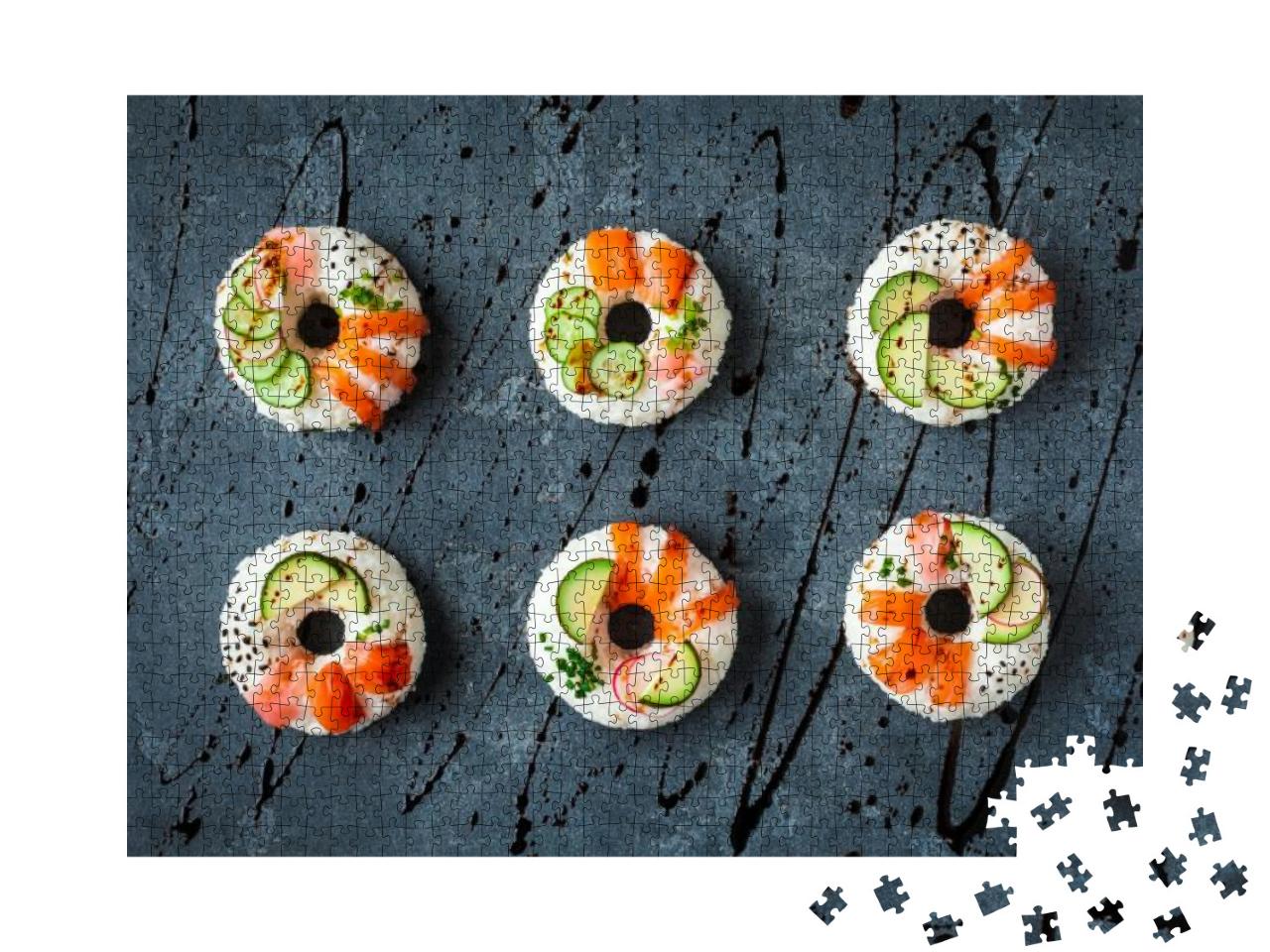 Sushi Donuts Set on Black Background. Sushi Trend. Creati... Jigsaw Puzzle with 1000 pieces