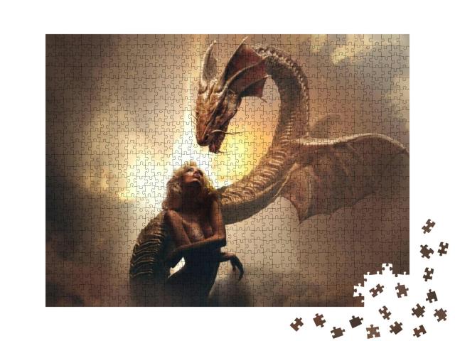 Blonde Girl & Dragon in Fantasy World Against Bright Clou... Jigsaw Puzzle with 1000 pieces