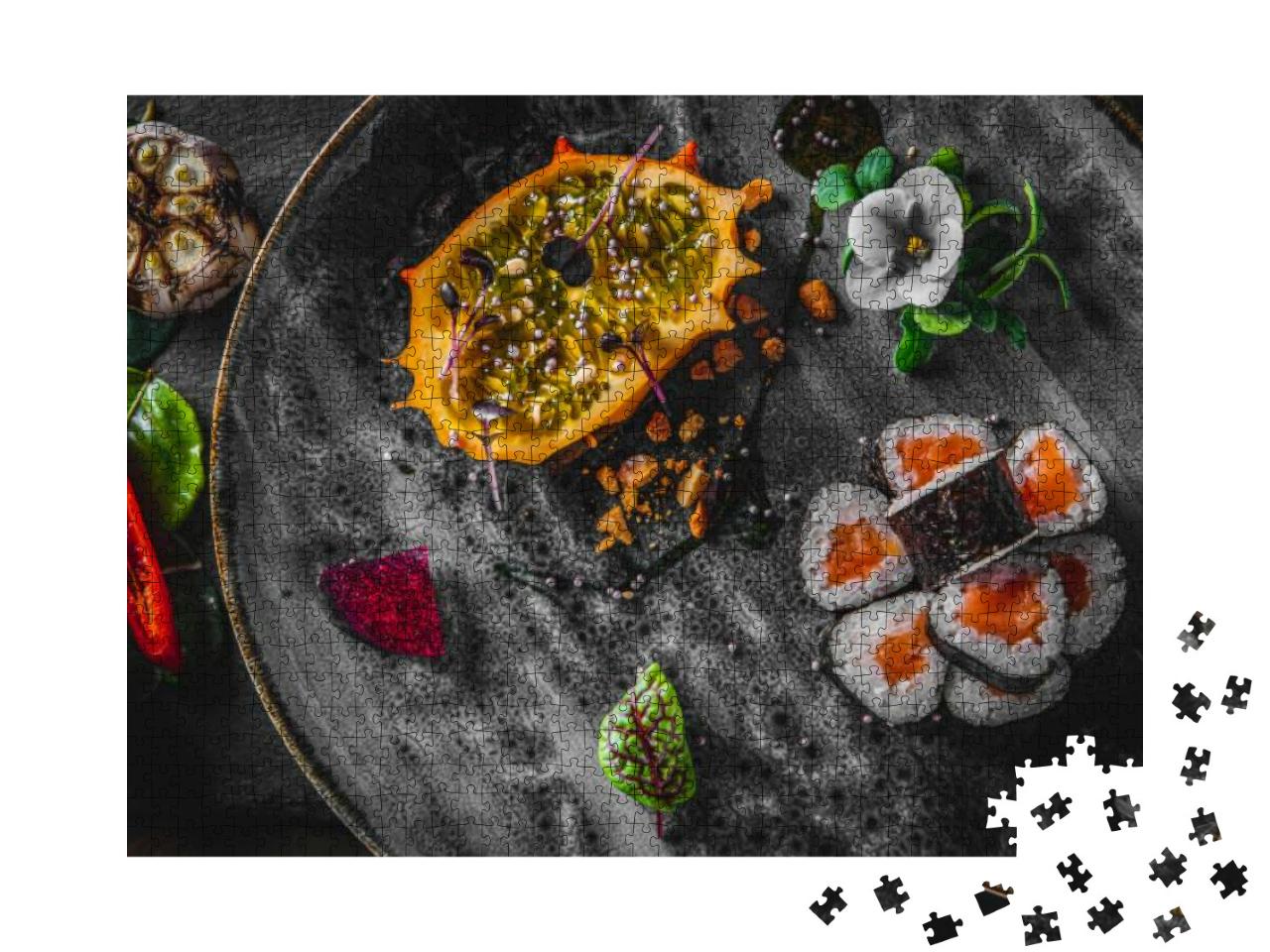 Sushi Roll with Salmon & Rice in Plate... Jigsaw Puzzle with 1000 pieces