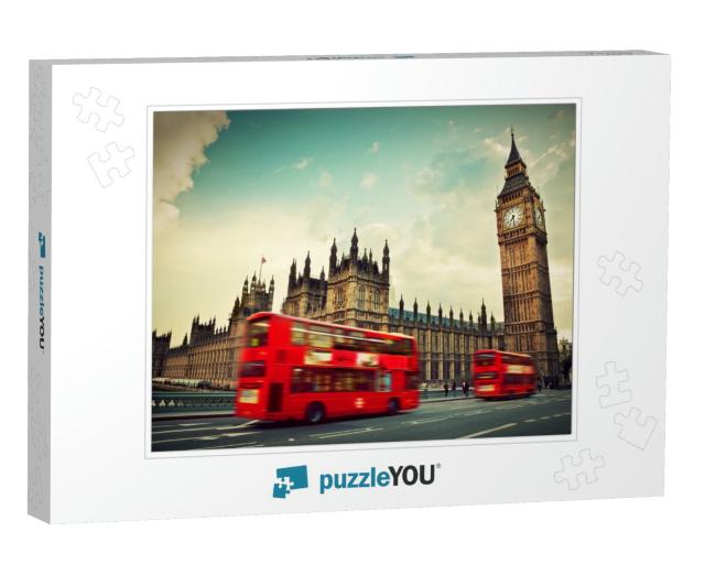 London, the Uk. Red Bus in Motion & Big Ben, the Palace o... Jigsaw Puzzle
