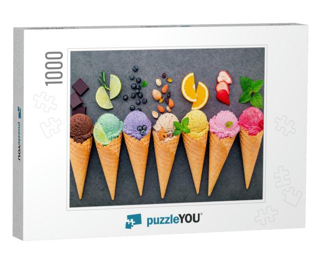 Ice Cream Flavor in Cones Blueberry, Lime, Pistachio, Alm... Jigsaw Puzzle with 1000 pieces