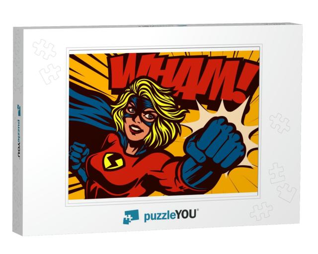 Pop Art Comic Book Style Super Heroine Punching with Fema... Jigsaw Puzzle