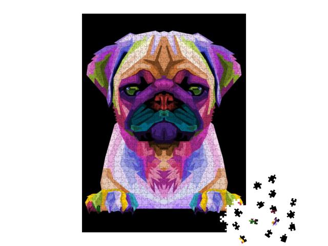 Cute Pug on Geometric Pop Art Style. Abstract Rainbow. Ve... Jigsaw Puzzle with 1000 pieces