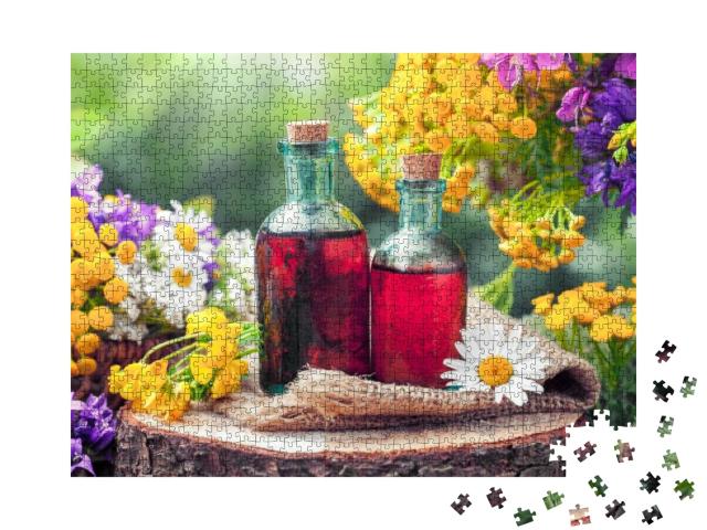 Bottles of Tincture or Cosmetic Product & Healing Herbs &... Jigsaw Puzzle with 1000 pieces