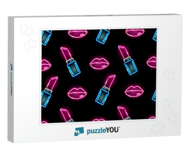 Seamless Pattern with Neon Icons of Lipstick & Female Lip... Jigsaw Puzzle