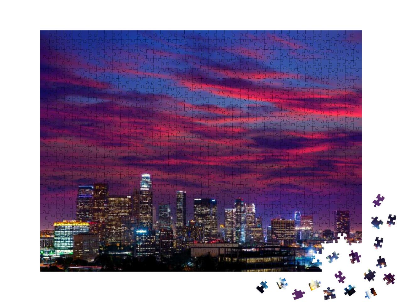 Downtown La Night Los Angeles Sunset Colorful Skyline Cal... Jigsaw Puzzle with 1000 pieces