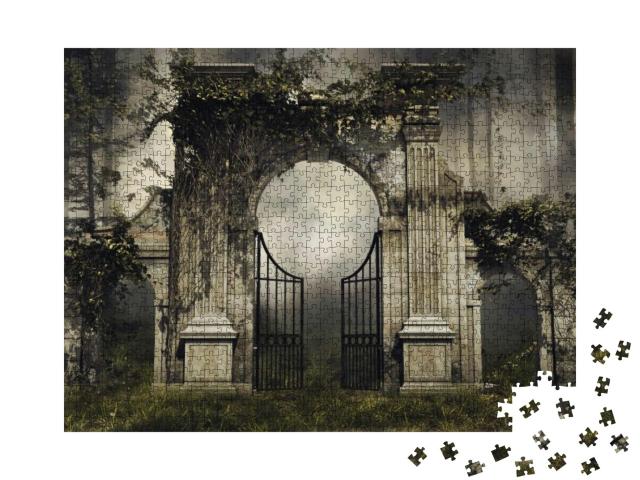 Dark Scenery with a Gothic Garden Gate & Vines in a Fores... Jigsaw Puzzle with 1000 pieces