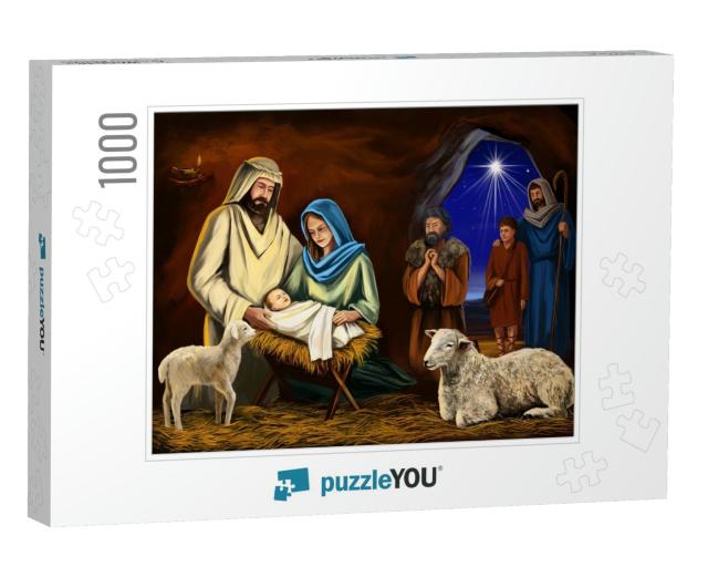 Christmas Story. Christmas Night, Mary, Joseph & the Baby... Jigsaw Puzzle with 1000 pieces