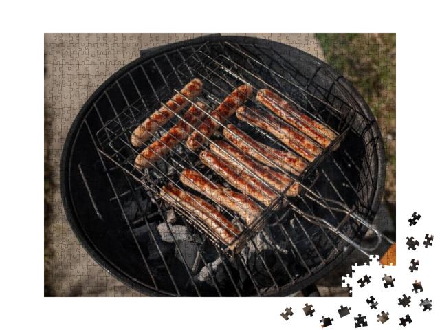 Top view of chicken sausages on the grill. Grillin Jigsaw Puzzle with 1000 pieces