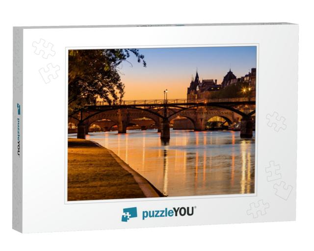 Sunrise on the Seine River Banks, Pont Des Arts & Pont Ne... Jigsaw Puzzle
