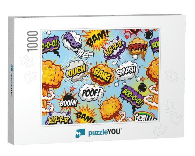 Comics Pattern with Speech & Explosion Bubbles on Blue Ba... Jigsaw Puzzle with 1000 pieces