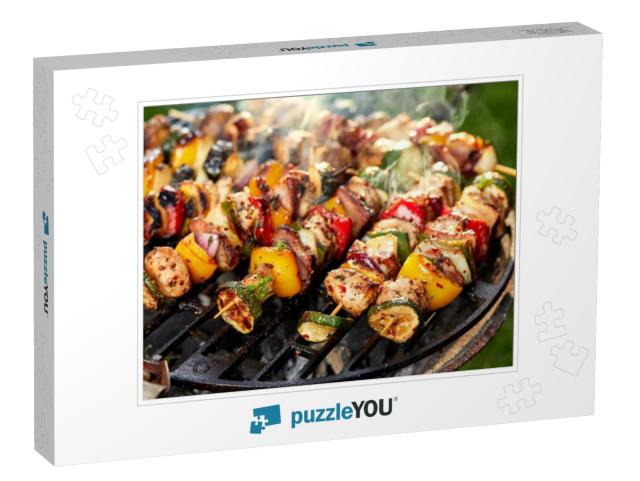 Grilled skewers of vegetables and meat on the gril Jigsaw Puzzle