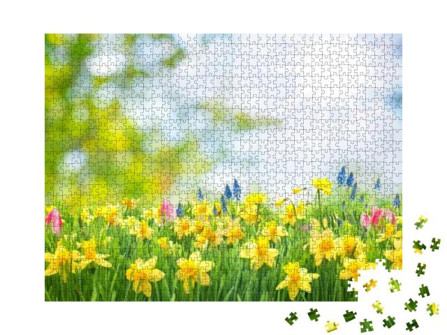 Easter Background with Beautiful Spring Flowers... Jigsaw Puzzle with 1000 pieces