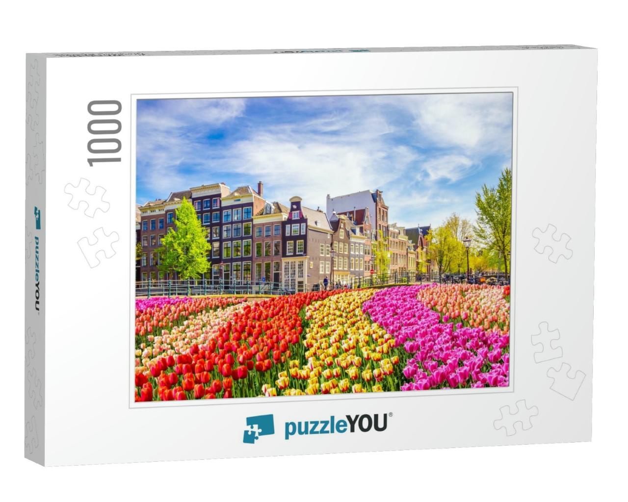 Traditional Old Buildings & Tulips in Amsterdam, Netherla... Jigsaw Puzzle with 1000 pieces