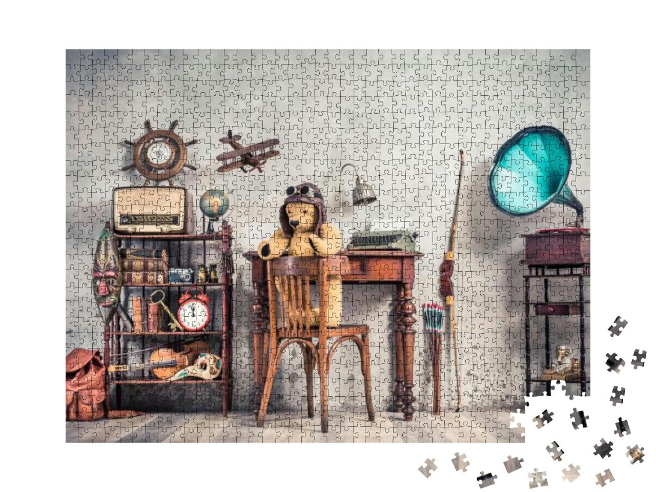 Teddy Bear Toy on Chair, Typewriter, Vintage Gramophone... Jigsaw Puzzle with 1000 pieces