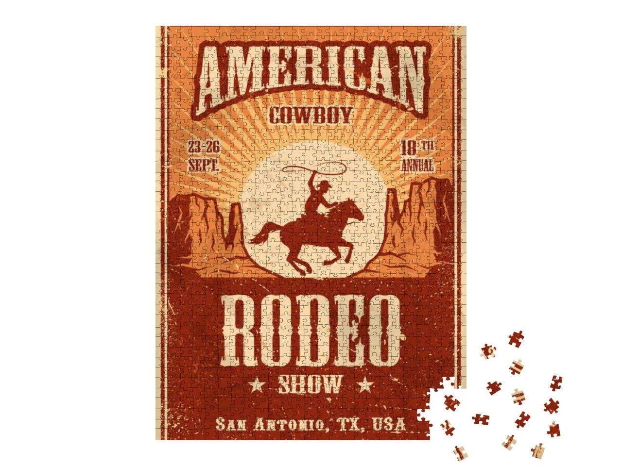 American Cowboy Rodeo Poster with Typography & Vintage Pa... Jigsaw Puzzle with 1000 pieces