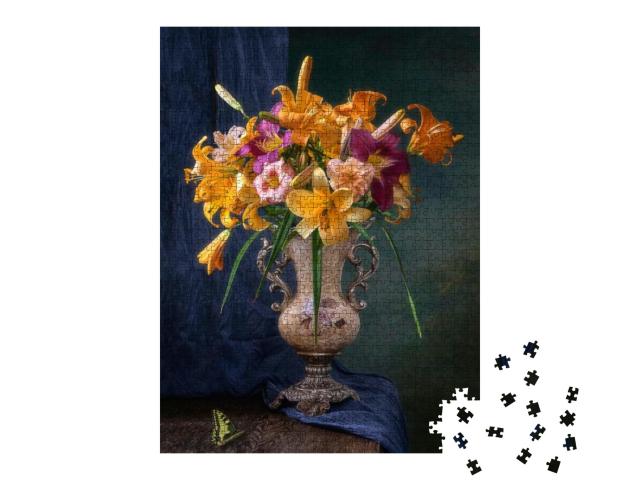 Still Life with Yellow Lily & Day Lily Flowers... Jigsaw Puzzle with 1000 pieces