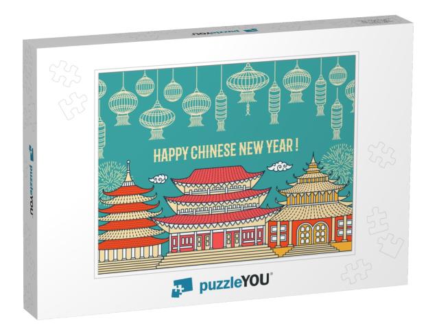 Chinese New Year Flat Thin Line Greeting Card Temp... Jigsaw Puzzle