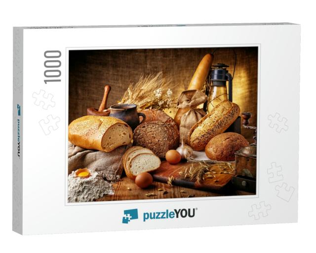 Country Still Life with Bread, Cheese, Mushrooms & Wine i... Jigsaw Puzzle with 1000 pieces