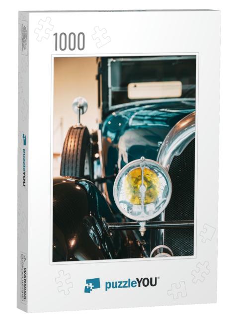 Close Headlamp of Black Retro Vintage Old-Timer Car... Jigsaw Puzzle with 1000 pieces