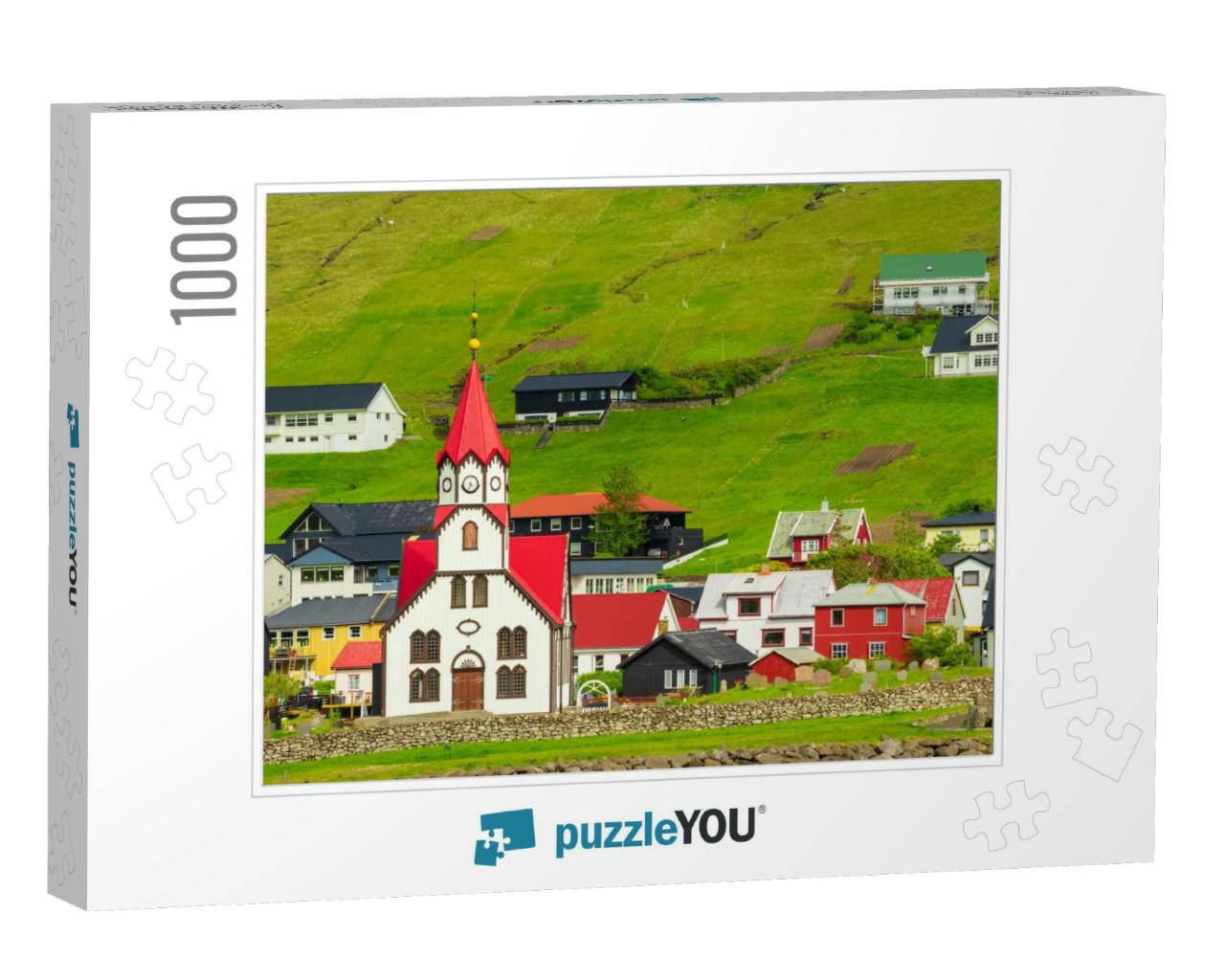 Lutheran Church with Red Roof in Sandavagur Village, Loca... Jigsaw Puzzle with 1000 pieces