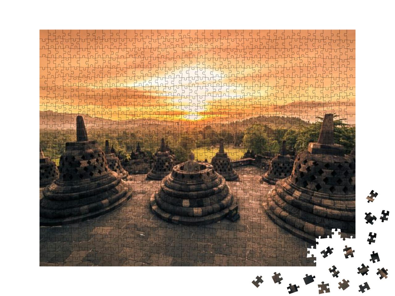 Dramatic Sunset Borobudur Temple At Sunset Yogyakarta, Ja... Jigsaw Puzzle with 1000 pieces