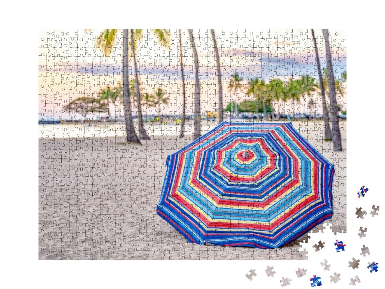 A Beautiful Striped Umbrella on the Beach At Sunset, in W... Jigsaw Puzzle with 1000 pieces