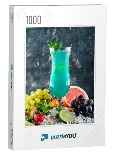 Blue Lagoon Cocktail with Mint & Fresh Fruit. Blue Hawaii... Jigsaw Puzzle with 1000 pieces