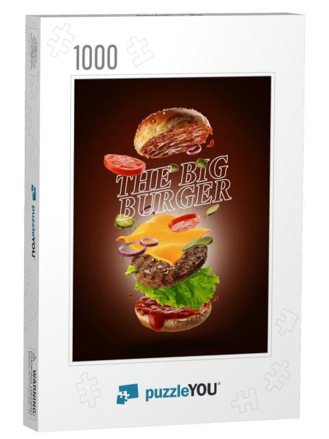 Jumping Burger Ads, Delicious & Attractive Hamburger with... Jigsaw Puzzle with 1000 pieces