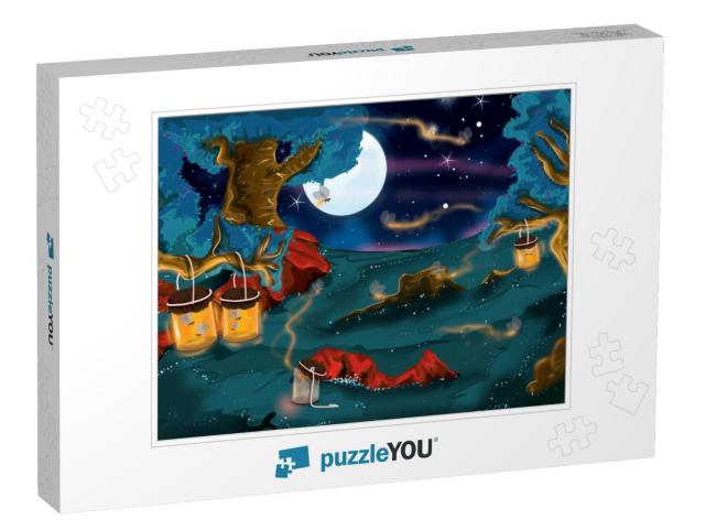 A Cartoon Landscape Containing Glass Jars Where Fi... Jigsaw Puzzle