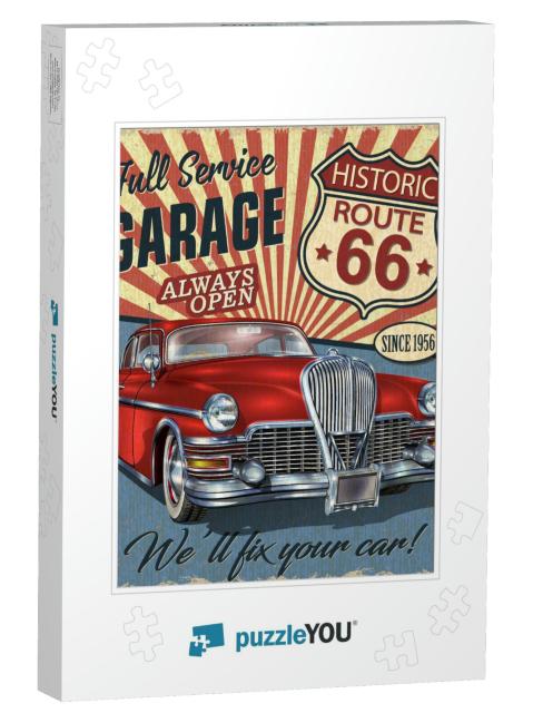 Vintage Route 66 Garage Retro Poster with Retro Car... Jigsaw Puzzle