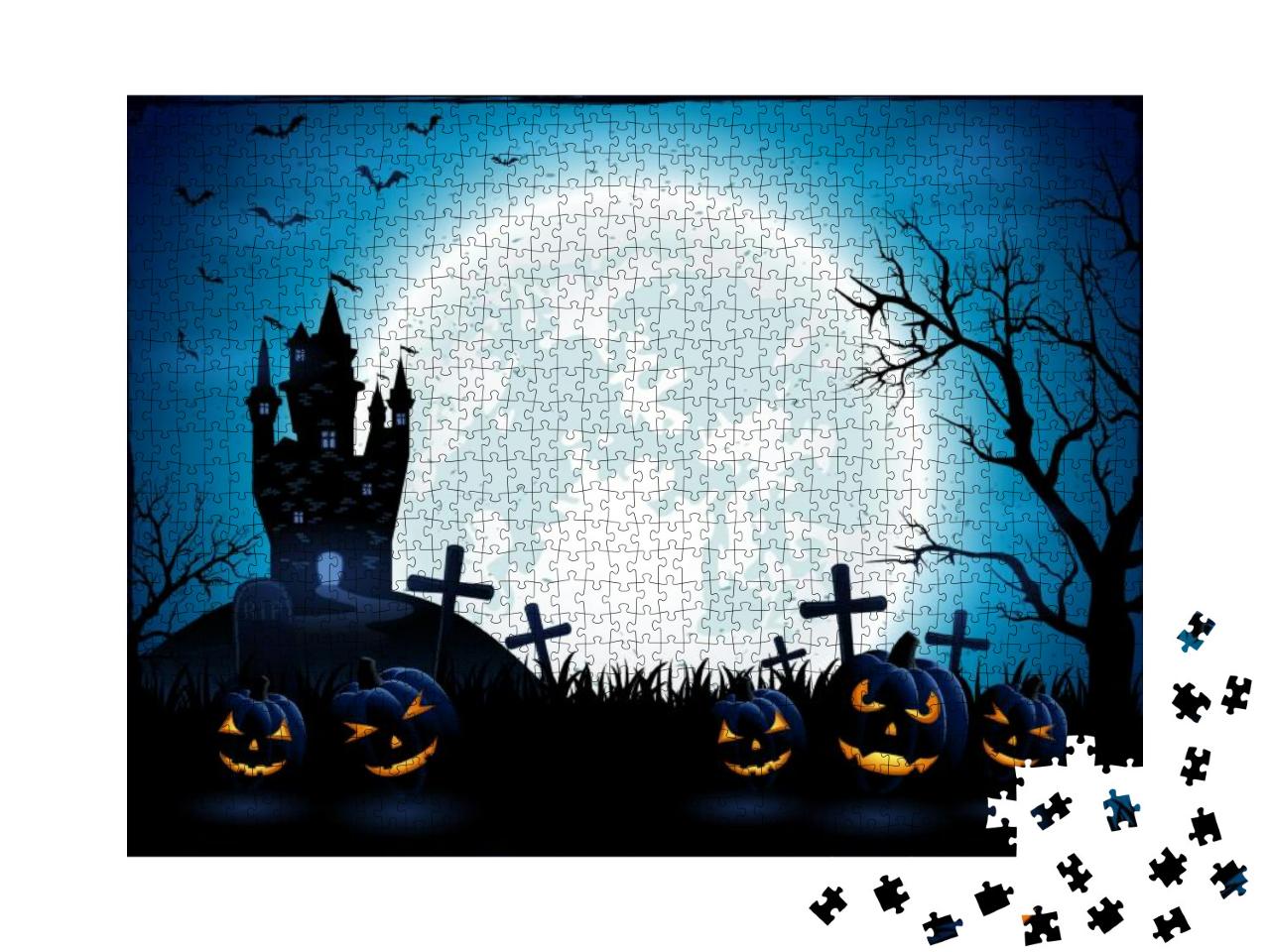 Halloween Pumpkins & Dark Castle on Blue Moon Background... Jigsaw Puzzle with 1000 pieces