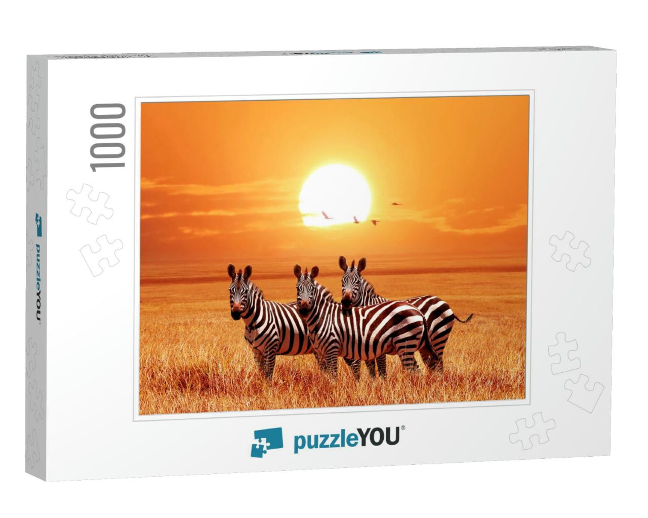 African Zebras At Beautiful Orange Sunset in the Serenget... Jigsaw Puzzle with 1000 pieces