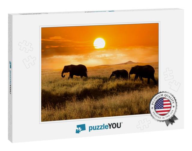 Family of Elephants At Sunset in the National Park of Afr... Jigsaw Puzzle