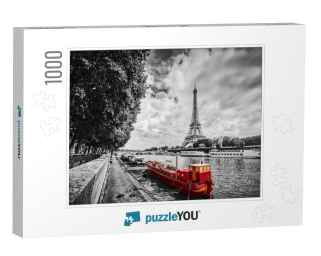 Eiffel Tower Over Seine River in Paris, France. Red Touri... Jigsaw Puzzle with 1000 pieces