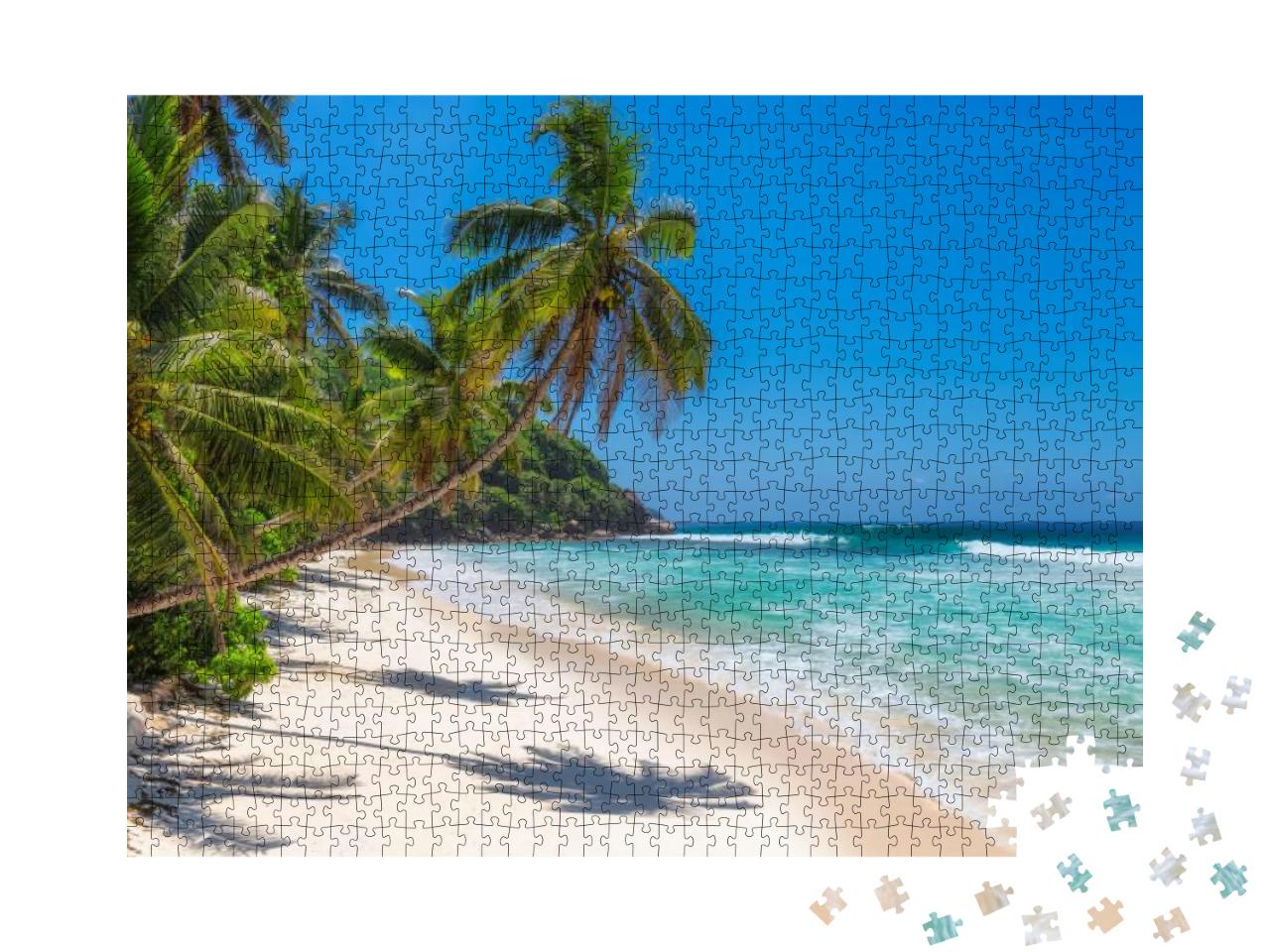 Sunny Beach with Palm Trees & Turquoise Sea in Jamaica Ca... Jigsaw Puzzle with 1000 pieces