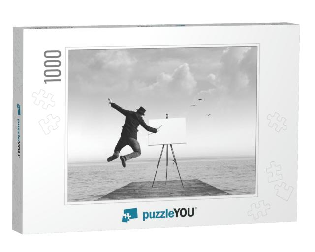 Surreal Black & White Art Painter Drawing on a Canvas... Jigsaw Puzzle with 1000 pieces
