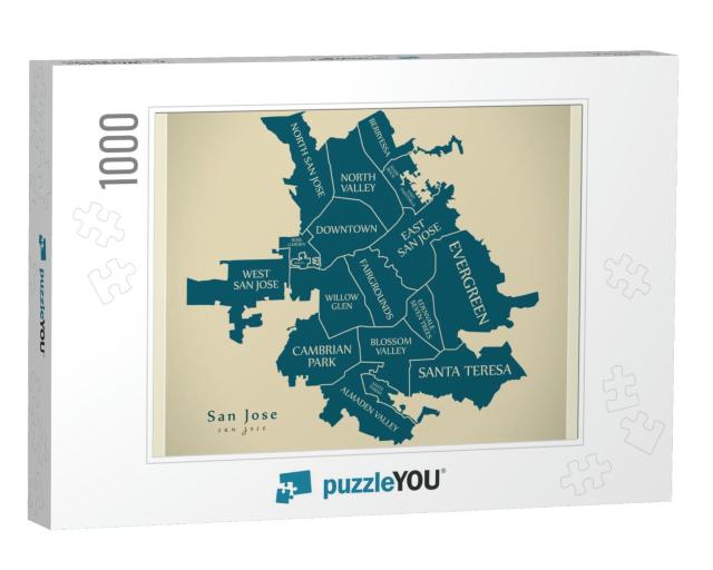 Modern City Map - San Jose City of the USA with Neighborho... Jigsaw Puzzle with 1000 pieces