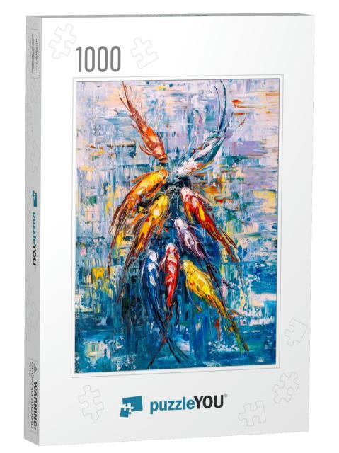 Oil Painting - Koi Fishes Gather Together... Jigsaw Puzzle with 1000 pieces