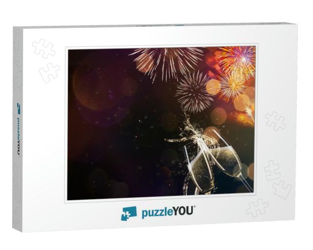 Glasses of Champagne Levitating in the Air, Fireworks, Ce... Jigsaw Puzzle
