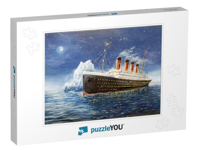 Original Oil Painting of Titanic & Iceberg in Ocean At Ni... Jigsaw Puzzle