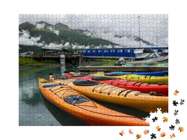 Double Kayaks Parked on the Pier on Scenic Mountain Ocean... Jigsaw Puzzle with 1000 pieces
