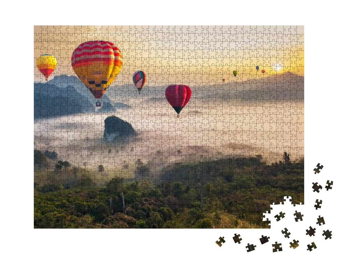 Colorful Hot Air Balloons Flying Over Mountain At Phu Lan... Jigsaw Puzzle with 1000 pieces