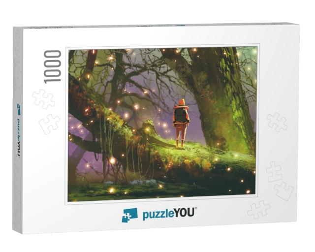 Hiker with Backpack Standing on Giant Tree with Fireflies... Jigsaw Puzzle with 1000 pieces