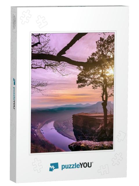 Beautiful Pink Sunset with View of Elbe River in Saxon Sw... Jigsaw Puzzle